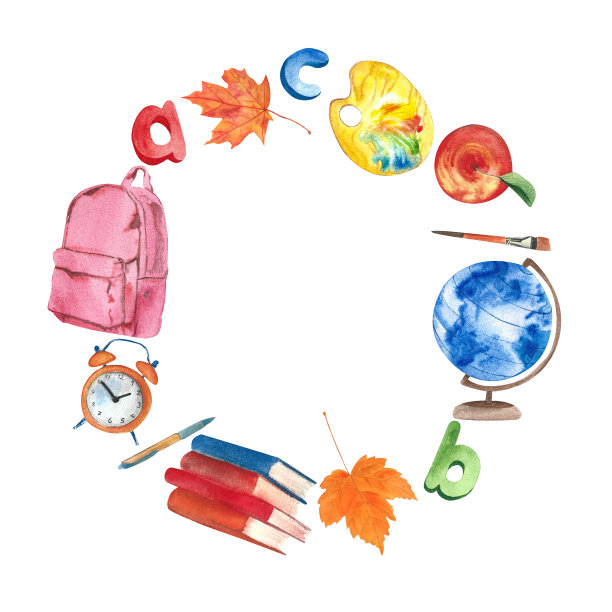 回到学校的花环:书，钢笔，毛笔，颜料，地球仪，字母- a, b, c，闹钟，苹果，枫叶和粉红色的背包。水彩插图，孤立的白色背景，手绘。完美的卡片设计，邀请，剪贴簿，印刷图片下载