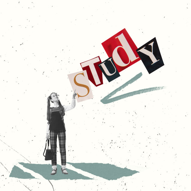 回到学校概念。创意拼贴与学龄女孩孤立在光背景与剪出的字母杂志风格。儿童、教育、学习图片下载