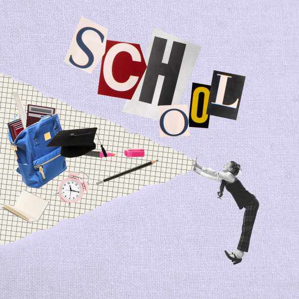 回到学校概念。创意拼贴与学龄女孩孤立在光背景与剪出的字母杂志风格。儿童、教育、学习图片下载