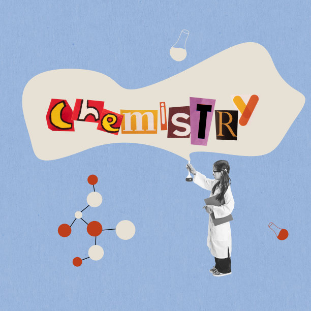 艺术拼贴与学龄女孩在化学班孤立在浅蓝色的背景，剪出的字母在杂志风格。儿童、教育、学习图片下载