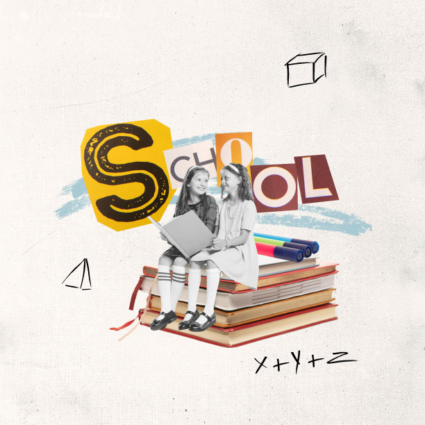 回到学校概念。创意拼贴与快乐的学龄前女孩孤立在光背景与剪出的字母杂志风格。儿童、教育、学习图片下载