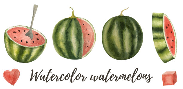 水彩西瓜片不同形式的剪纸。白色背景上的高质量插图图片下载
