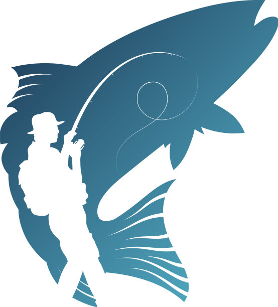 鱼的剪影和渔夫用鱼竿图片下载