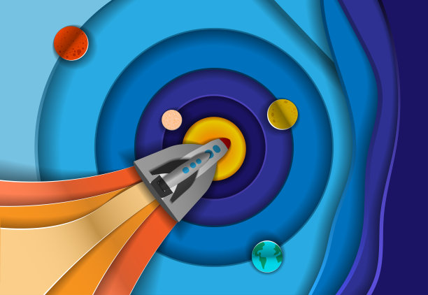 剪纸明信片。火箭正飞向银河系的中心，飞向太阳。各种行星和它们的轨道。矢量图图片下载