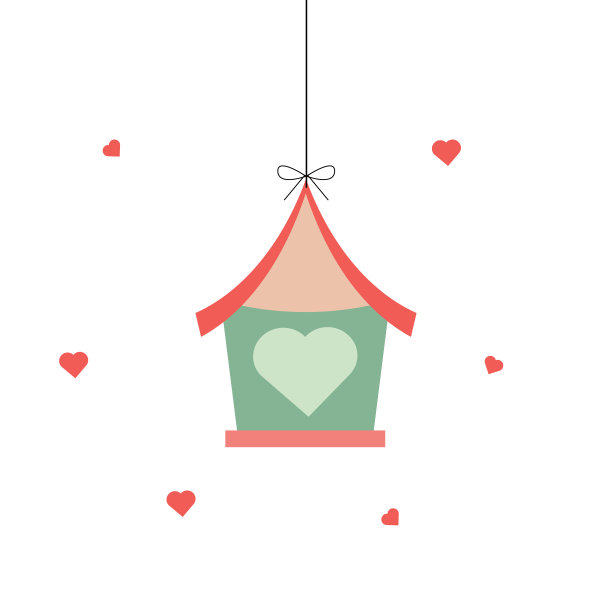 可爱的鸟屋，白色背景上有心形图案。图片下载