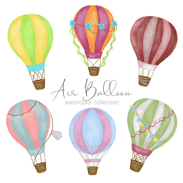 热气球设计在各种水彩风格的平面设计师使用的艺术品图片下载
