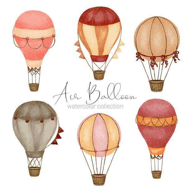 热气球设计在各种水彩风格的平面设计师使用的艺术品图片下载