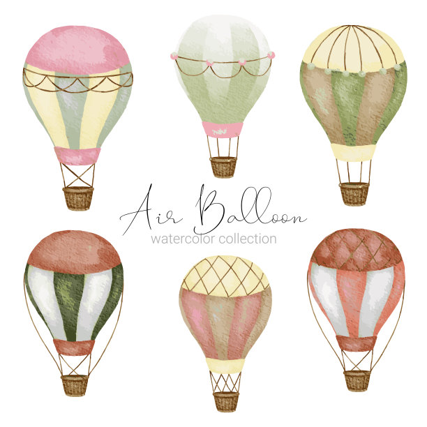 热气球设计在各种水彩风格的平面设计师使用的艺术品图片下载