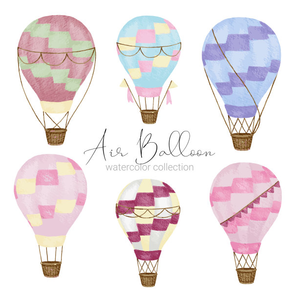 热气球设计在各种水彩风格的平面设计师使用的艺术品图片下载