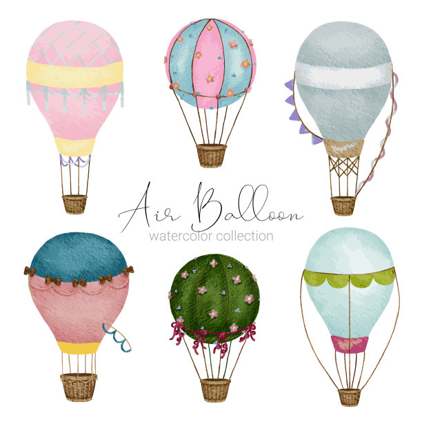 热气球设计在各种水彩风格的平面设计师使用的艺术品图片下载