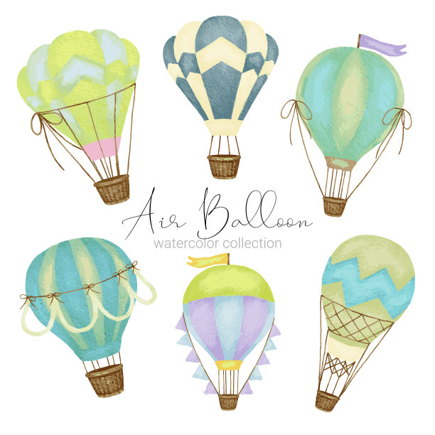 热气球设计在各种水彩风格的平面设计师使用的艺术品图片下载