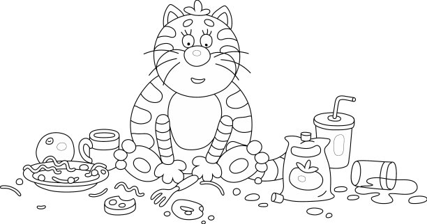 有趣的肥猫在饭后一堆食物图片下载