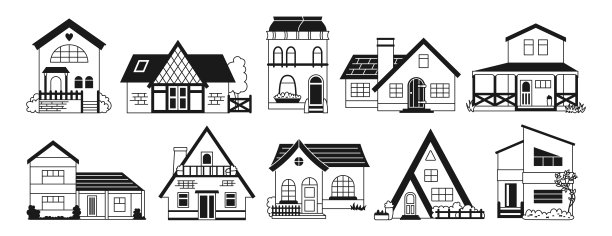 房子前面的平线涂鸦设置了小轮廓现代舒适的建筑标志住宅宅基地图片下载