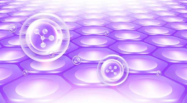 玻尿酸发肤液广告，紫色胶原蛋白精华滴在皮肤细胞上用化妆品广告背景准备使用，插图向量。图片下载