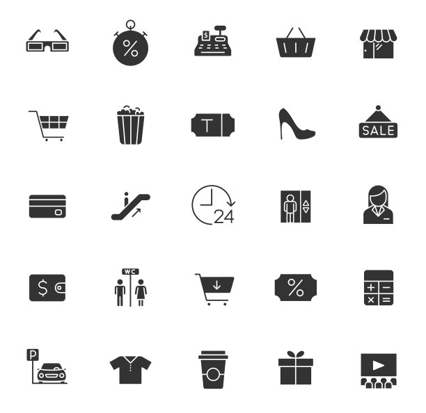 购物中心字形图标孤立在白色背景。购物中心字形图标集网页，移动应用程序，UI设计，印刷polygraphy和促销广告业务图片下载