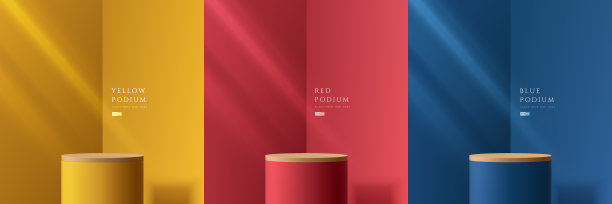 一套黄色，深蓝色，红色和木材逼真的3d圆柱体站在讲台上与窗户照明的抽象房间。展示舞台，产品展示。矢量渲染几何形式。最小的场景。图片下载