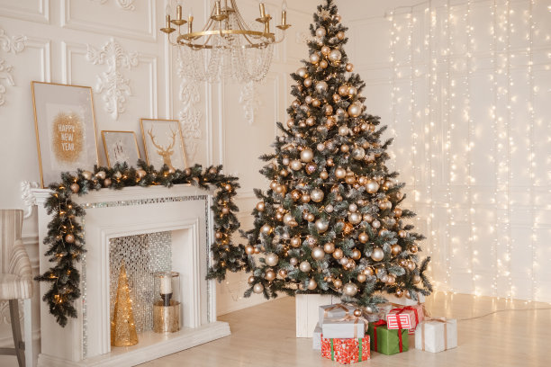 美丽的新年室内，圣诞树，壁炉，礼物图片下载