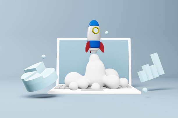 创业的概念。在笔记本电脑上使用浮动柱状图和饼状图的火箭发射的3d渲染插图。图片下载