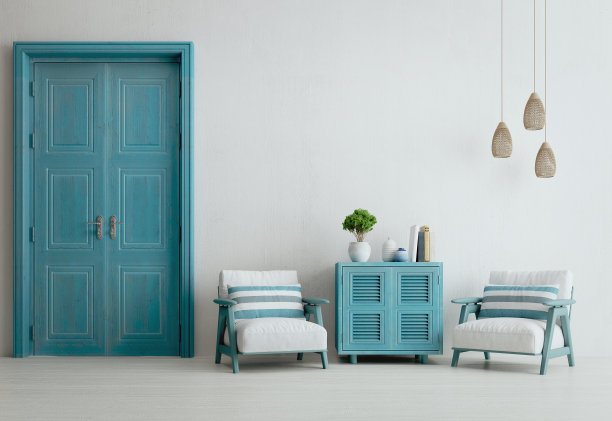 圣托里尼风格的内饰，有橱柜扶手椅、门和天花板灯。三维渲染图片下载