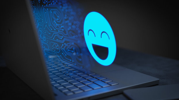 微笑图标发光与笔记本电脑3D渲染图片下载