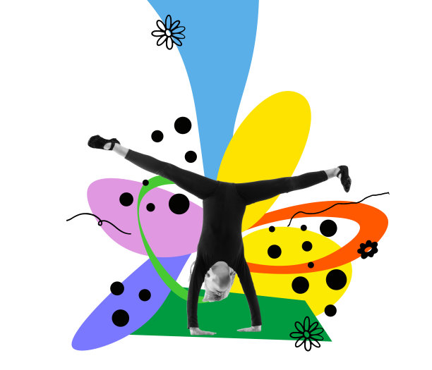 当代艺术拼贴。年轻的女孩站在双手，有乐趣孤立在五颜六色的背景图片下载