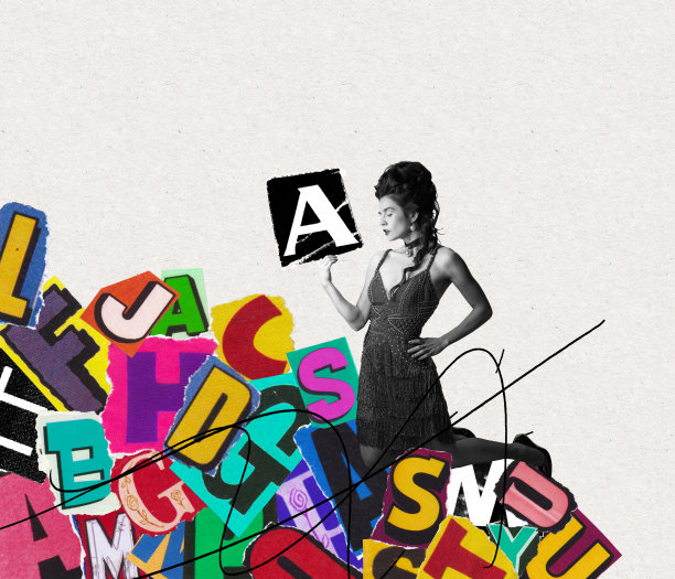 当代艺术拼贴。时髦的年轻女士被大字报纸包围着。八卦、新闻图片下载