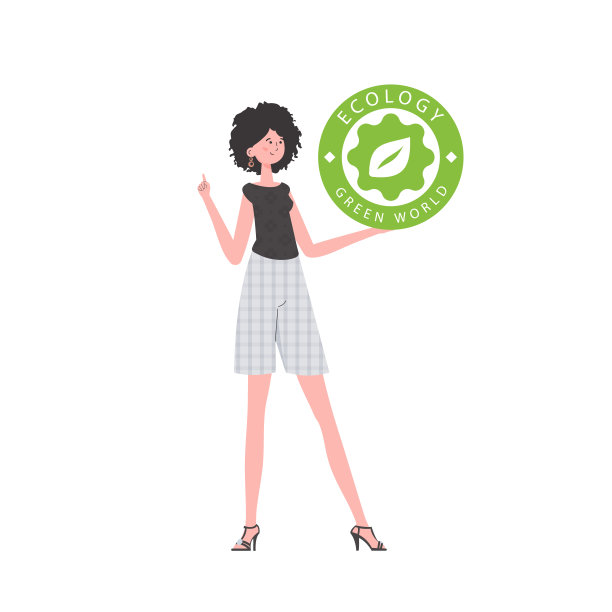 女孩手里拿着ECO的标志。这个人物被描绘成一个成熟的人。绿色能源与生态理念。孤立在白色背景。矢量插图的趋势。图片下载