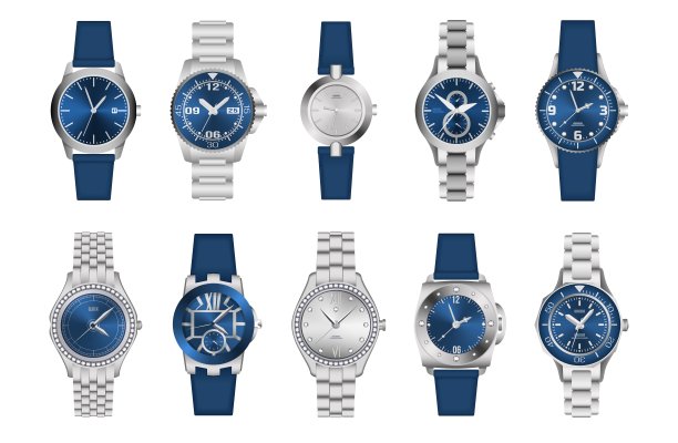 腕表。昂贵的黄金钟表为女人的手。时尚孤立的配件。经典计时码表和腕表从丰富的银和钢。时间测量。矢量计时器设计集图片下载