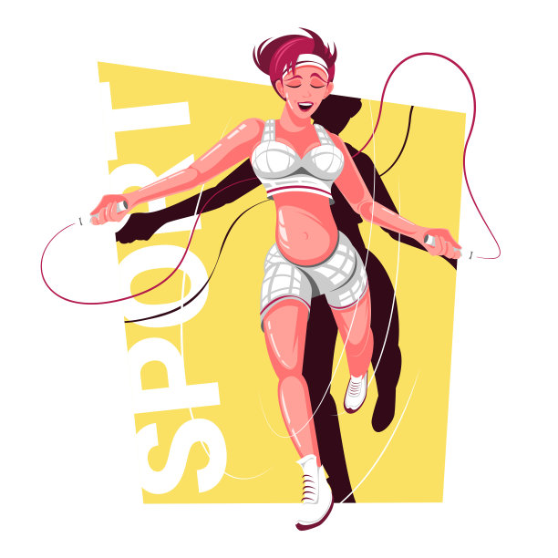 卡通的运动员。一个女孩在跳绳。图片下载