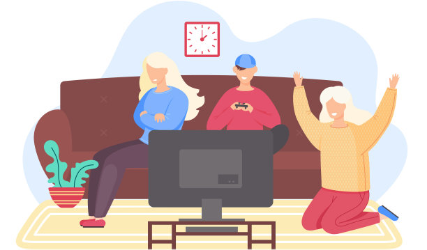 欢乐的人们在家玩电子游戏，温馨家庭时光，女孩生气地转过身图片下载