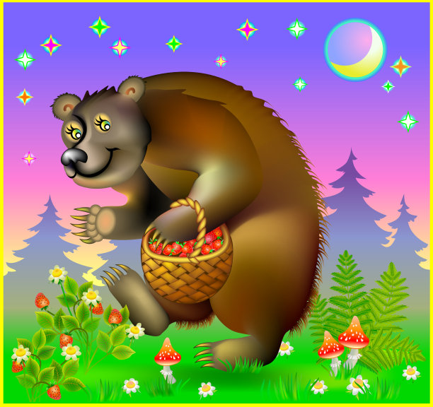 小熊抱着一篮子草莓的卡通形象图片下载