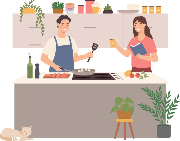 人们在家做饭，幸福的夫妻在厨房图片下载