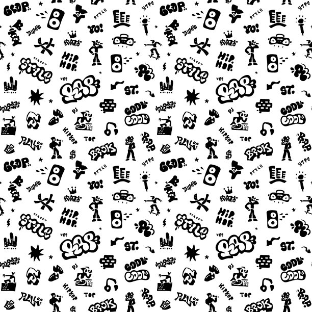 说唱音乐，涂鸦，街头风格-无缝矢量背景图片下载