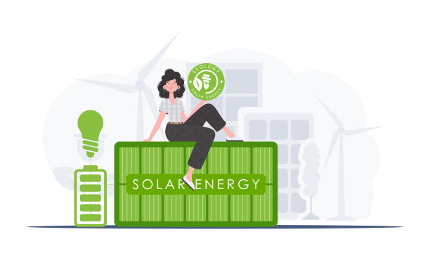 绿色能源与生态理念。一名妇女坐在太阳能电池板上，手里拿着ECO的标志。时尚的风格。矢量插图。图片下载