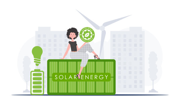 绿色能源与生态理念。一名妇女坐在太阳能电池板上，手里拿着ECO的标志。矢量插图的趋势。图片下载