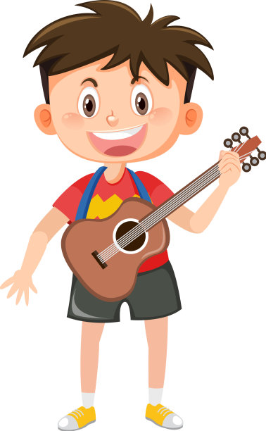 快乐的男孩与吉他白色背景图片下载