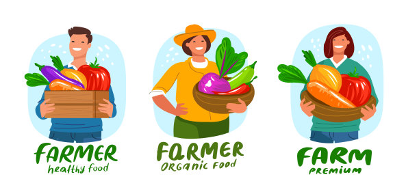 农业和农徽。农场工人和蔬菜的矢量插图。绘制标签，封面或海报图片下载