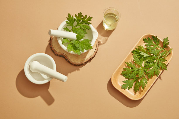 艾叶装饰木盘，天然叶提取物用于健康护肤，内容自然图片下载