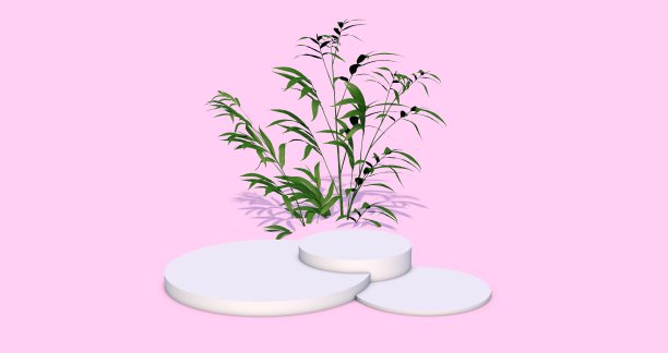 白色的讲台，粉红色的背景，植物的叶子和阴影的产品广告设计。极简的广告背景。三维渲染图片下载