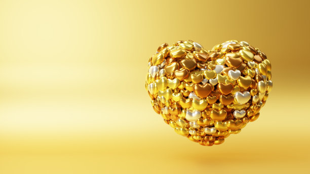 在金色的背景上由许多颗心组成的心。图片下载