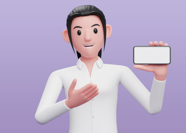 商业女性肖像呈现景观手机，商业女性手持手机的3d肖像插图图片下载