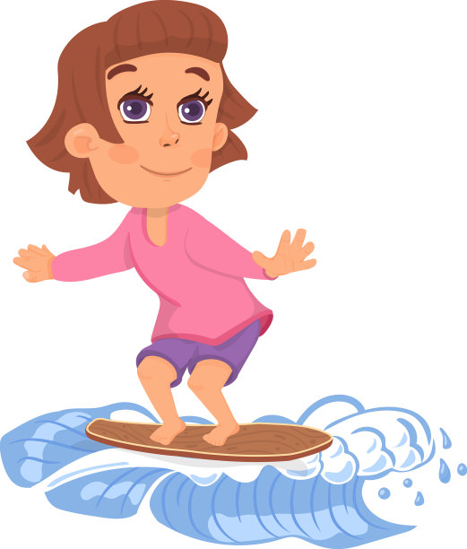 女孩在浪上冲浪，孩子站着冲浪板图片下载