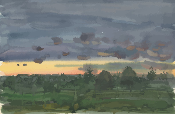 农田上的雨云水彩景观图片下载