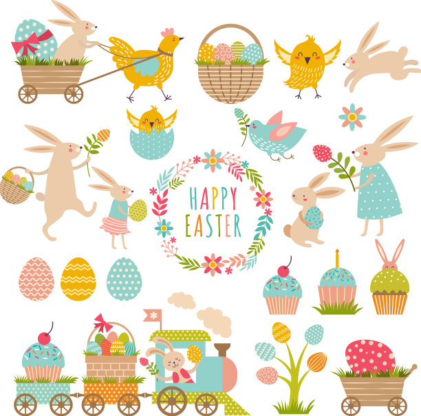 复古元素套装复活节主题兔子蛋图片下载