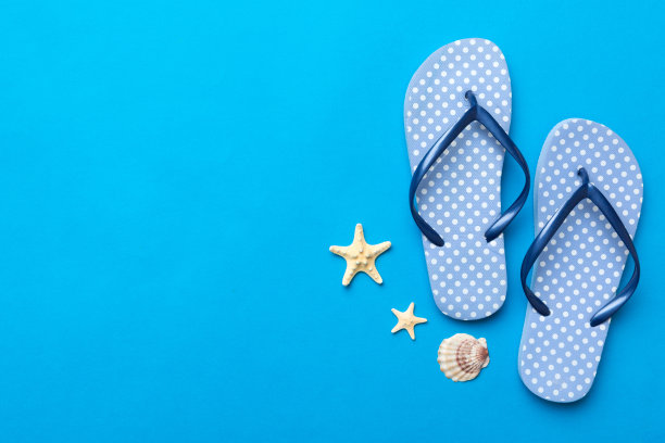 平面布局与彩色背景上的人字拖和贝壳组成。文本俯视图的空间图片下载