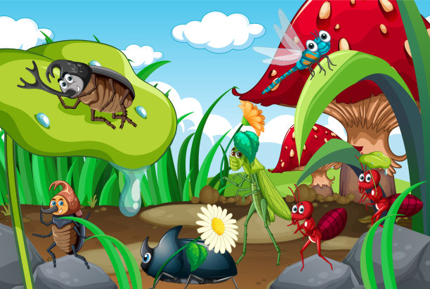 快乐的昆虫在大自然的童话场景图片下载