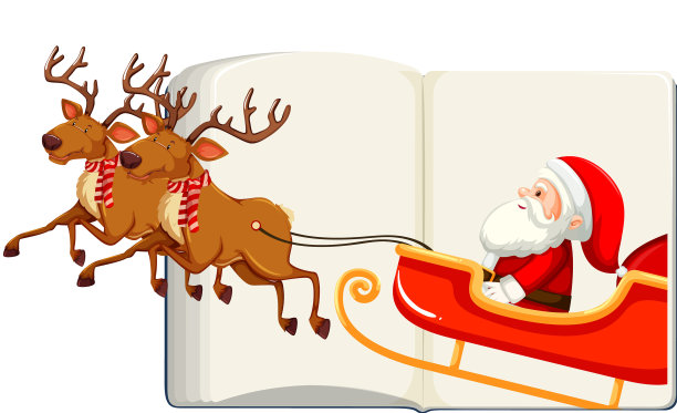 与圣诞老人坐在雪橇上翻开空白的书图片下载