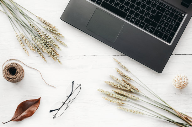 白色木桌上放着笔记本电脑、眼镜、麦穗和秋叶。秋天的概念。俯视图，平铺图片下载