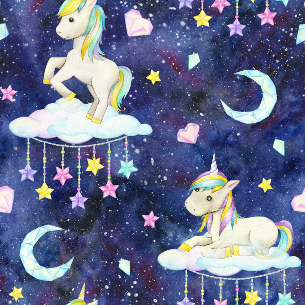 独角兽，云，月亮，星星，水彩无缝图案，在一个黑暗的背景。图片下载