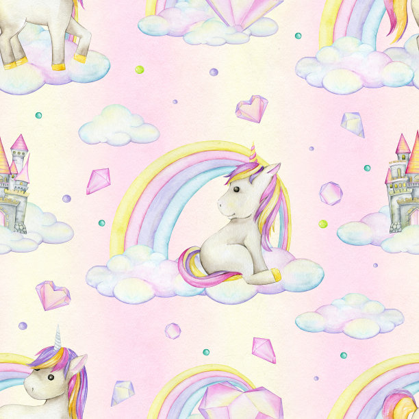 独角兽，城堡，云彩，彩虹，水晶，水彩无缝图案，在彩虹的背景上。图片下载